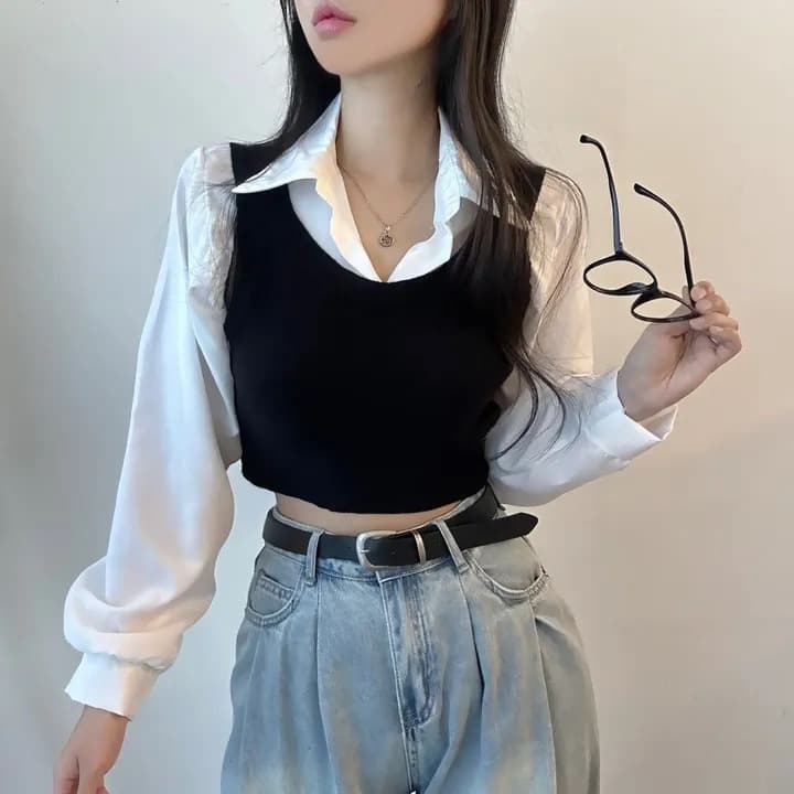 ビスチェ　襟付きシャツビスチェニットセット