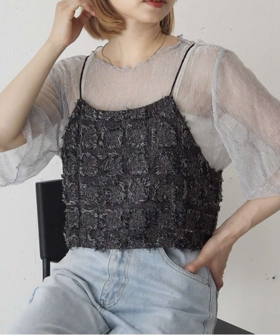 ビスチェ フリンジ格子柄キャミソール