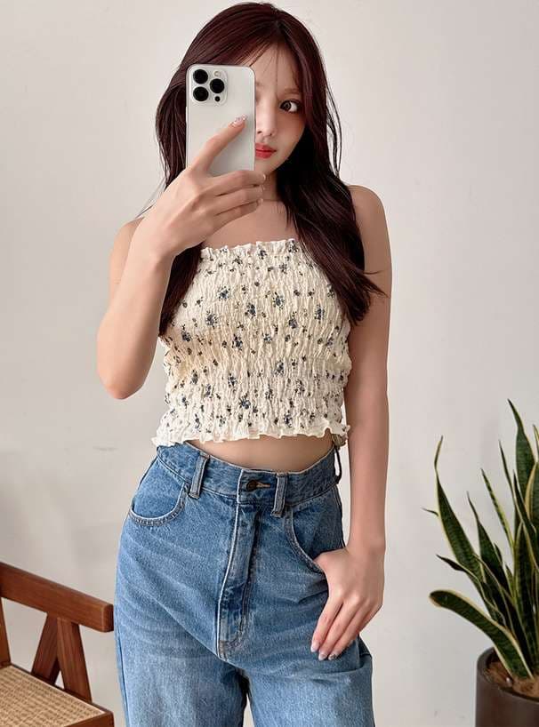 ビスチェ　花柄シャーリングキャミソールビスチェ