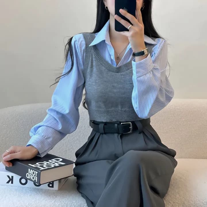 ビスチェ　襟付きシャツビスチェニットセット