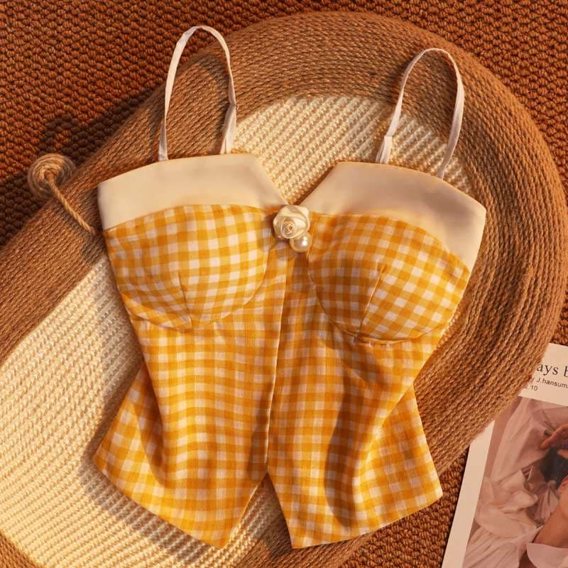 ビスチェ　夏色チェックの花柄パールビスチェ