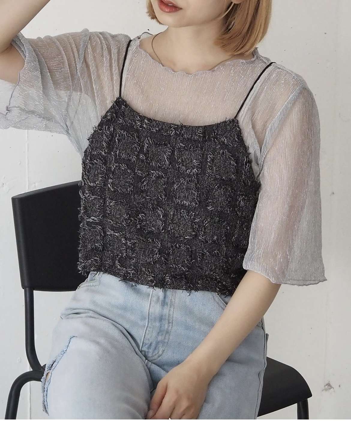 ビスチェ フリンジ格子柄キャミソール