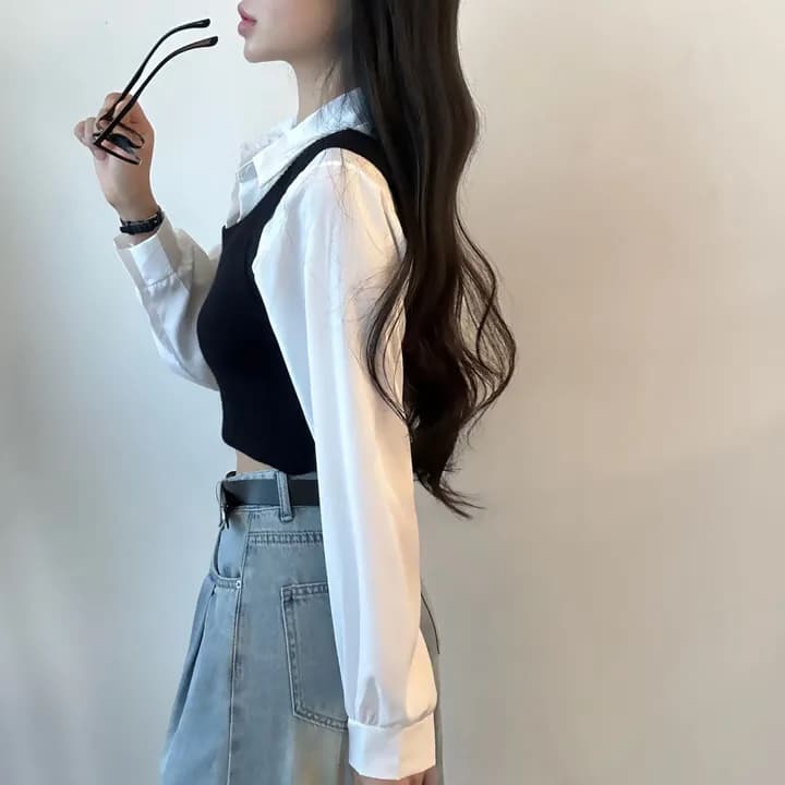 ビスチェ　襟付きシャツビスチェニットセット