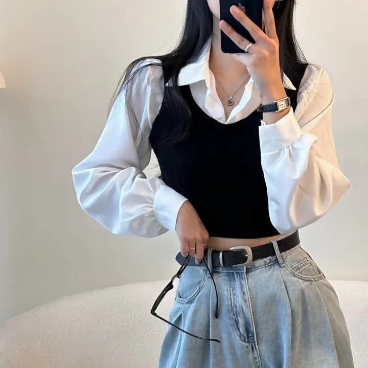 ビスチェ　襟付きシャツビスチェニットセット
