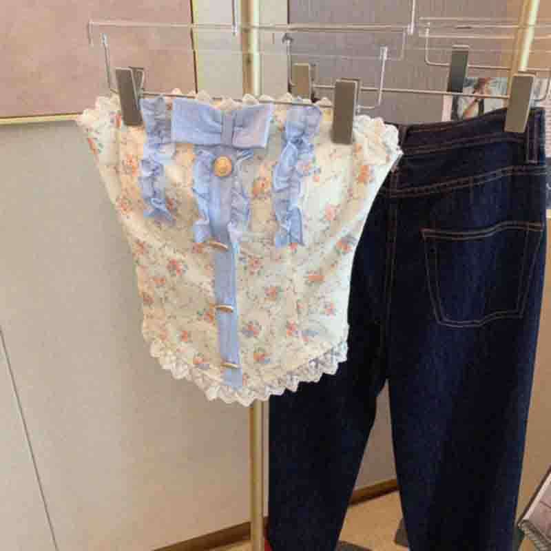 ビスチェ　かわいい花柄レース付きリボンビスチェ