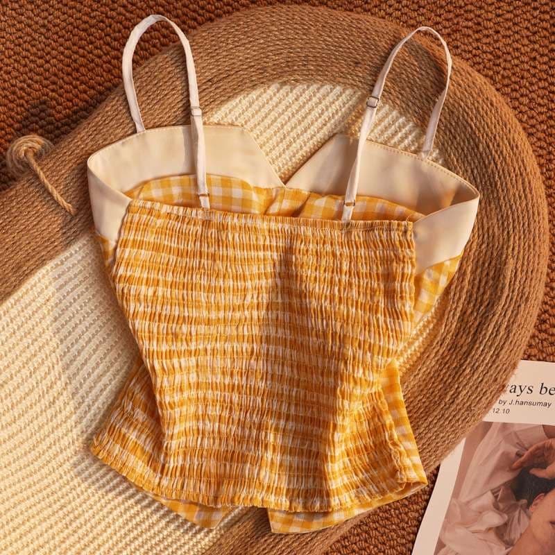 ビスチェ　夏色チェックの花柄パールビスチェ