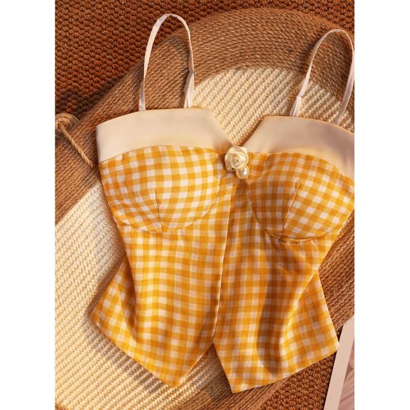 ビスチェ　夏色チェックの花柄パールビスチェ