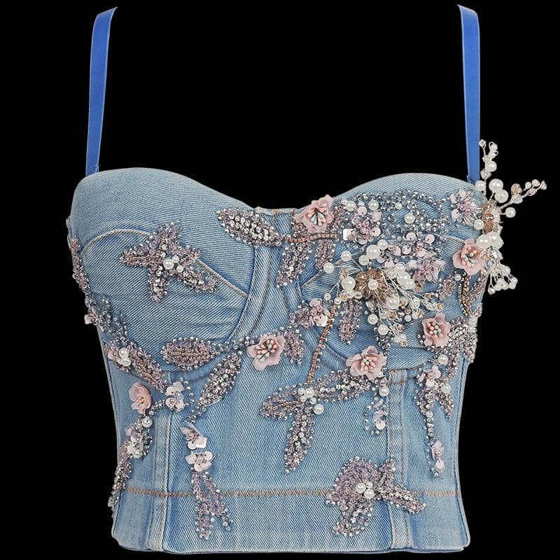 ビスチェ　花咲くデニムのガーリービスチェ