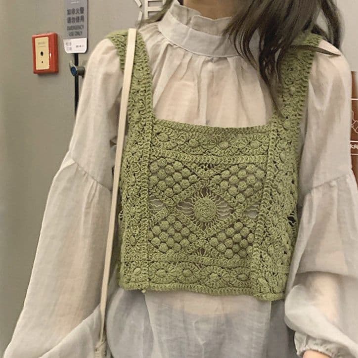 透かし編みニットビスチェ スクエアネック重ね着タンクトップ