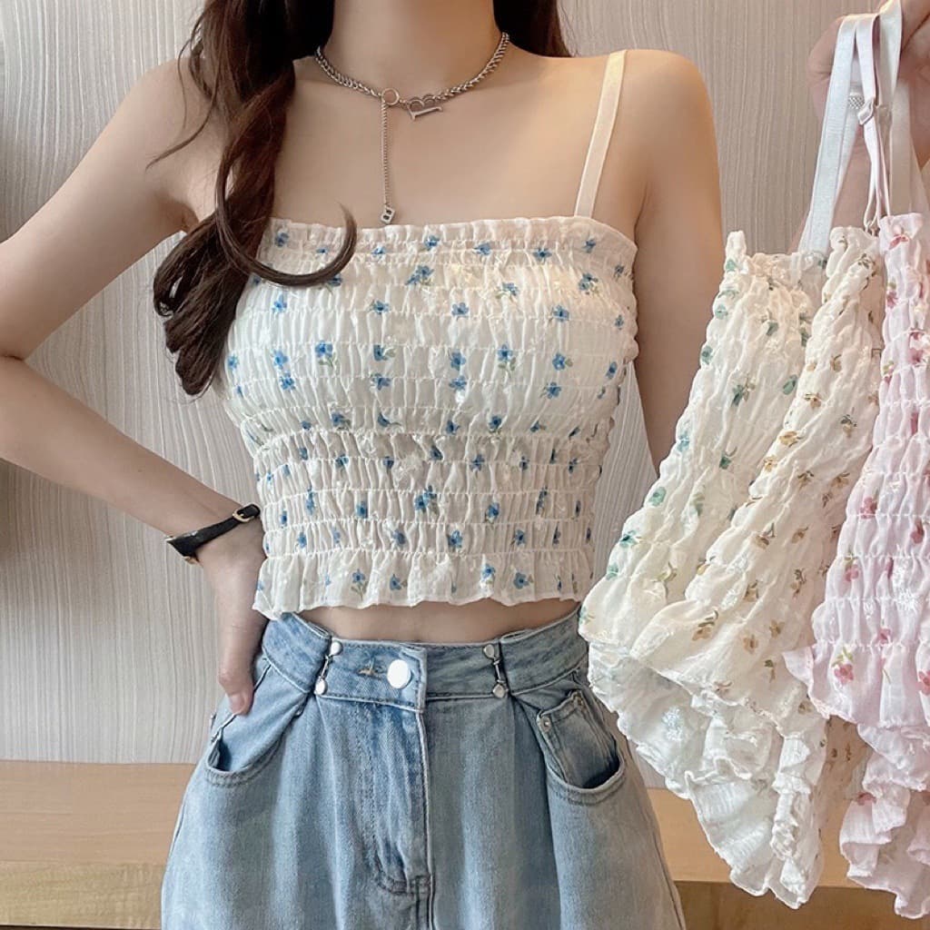 ビスチェ 花柄シャーリング胸パッド付きキャミソール