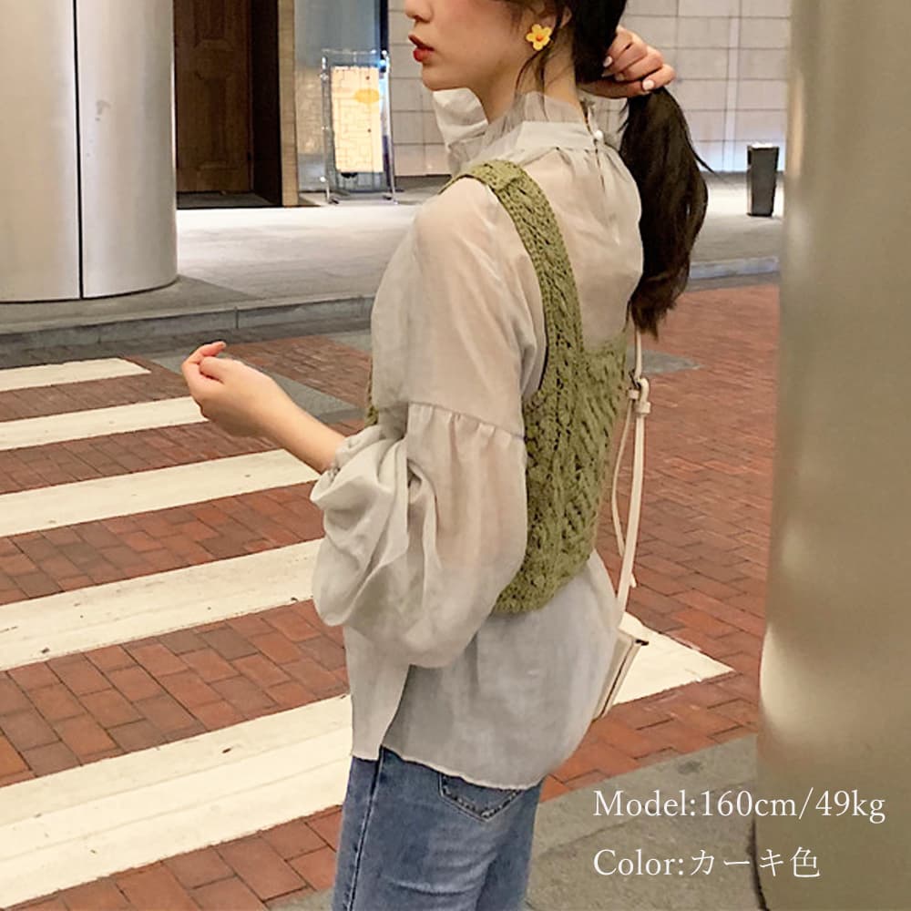 透かし編みニットビスチェ スクエアネック重ね着タンクトップ
